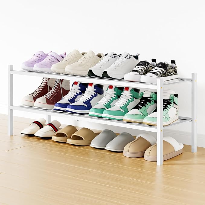 Smiry Long Bamboo Shoe Rack, 2 Tier Free Standing Wooden Shoe Organizer, Stackable Wood Shoe Storage Shelf for Closet, Entryway, 12 Vertical Slats, One-piece Standard Legs, 33.7"x11"x13", White