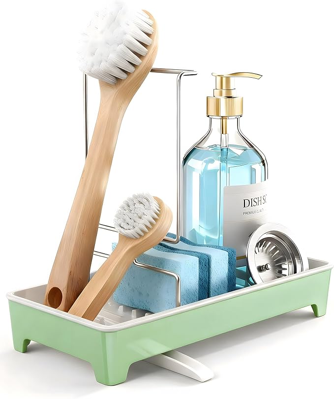 Minimalist Sink Caddy, Rustproof Sponge Holder for Kitchen Sink with 304 Stainless-Steel Brush Holder, Countertop Rack Organizer with Raised Ridges & Silicone Drain Tube (Mint Green, Large)
