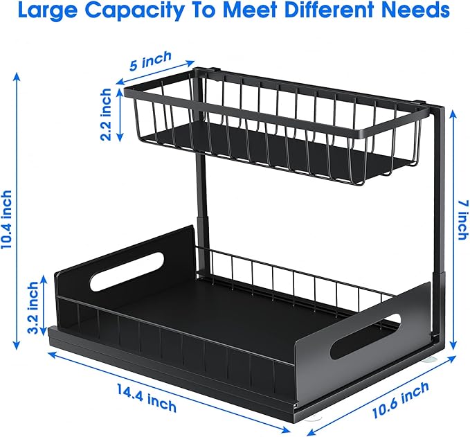 2 Pack Under Sink Organizer, 2 Tier Pull-Out Cabinet Storage Shelf, Black