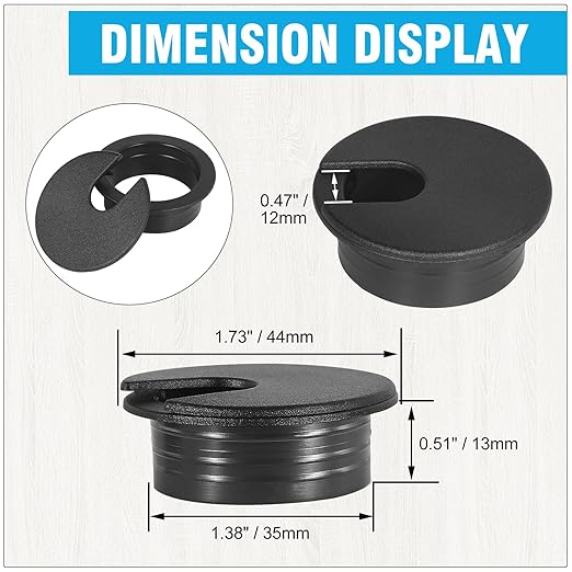 1-3/8" Black Desk Grommet, JTemgle Plastic Cable Hole Cover Computer Table Cord Wire Organizer Caps Desktop Cord Management for Home Office TV Stands Tabletops, 2 Pieces