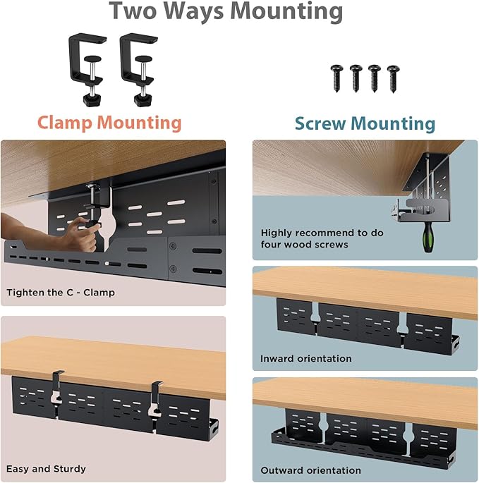 Under Desk Cable Management Tray, 32" Steel Cord Organizer, Black