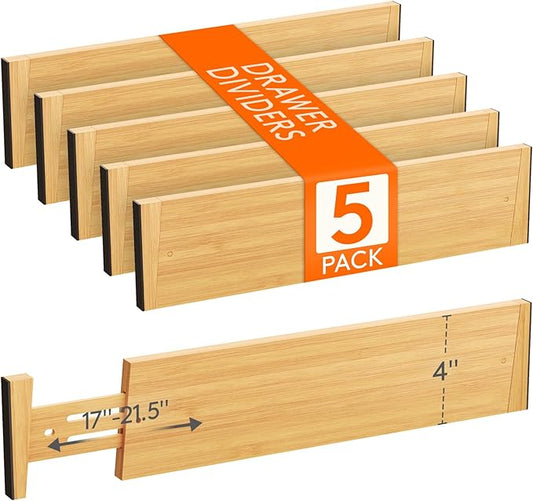 4" High 5 Pack Bamboo Drawer Dividers 43-54cm/17-21.5" Adjustable Wooden Drawer