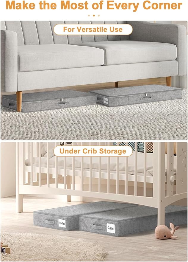 punemi 4 Inch Height Low Profile Under Bed Storage, Underbed Storage Containers With Sturdy Sidewalls & Bottom, Shallow Clothes Storage Bins, Slim Under Couch Sofa Dresser Storage, 2 Pack, Grey