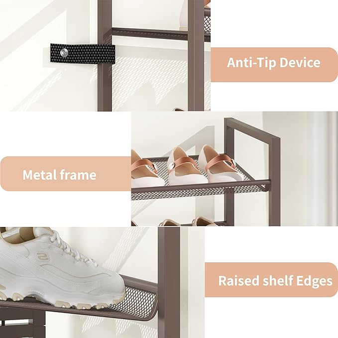 Tall Narrow Shoe Rack, 8 Tier Stackable Shoe Stand for 16-20 Pairs, Heavy Duty Shoe Organizer for Small Space Closet Bedroom, Bronze