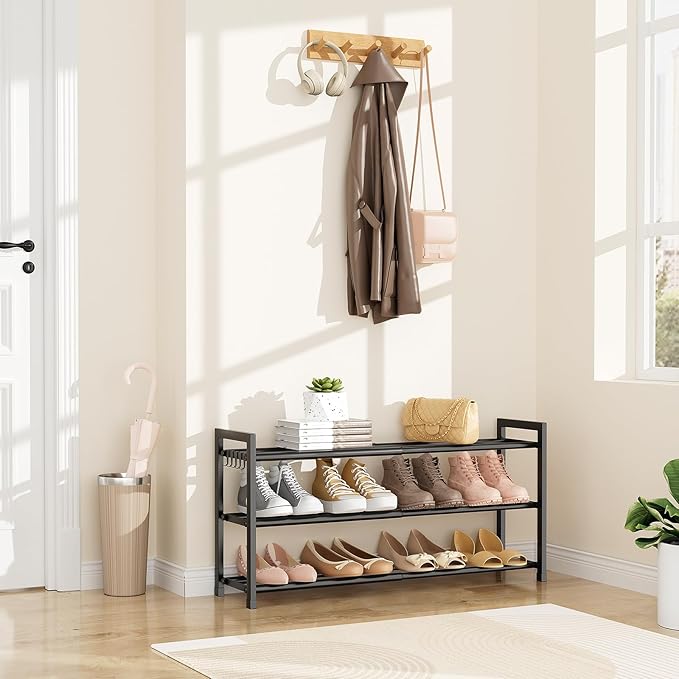 Expandable Shoe Rack for Closet, Bedroom with 5 Hooks