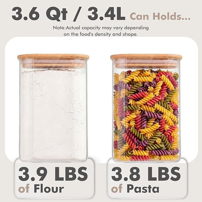 2-Pack 3.4Qt Large Glass Flour Sugar Storage Containers with Bamboo Lids, Wide-Mouth Food Jars with Measuring Cups for Baking, Aesthetic Glass Storage Pantry Jars for Sugar, Flour, Rice, Oats