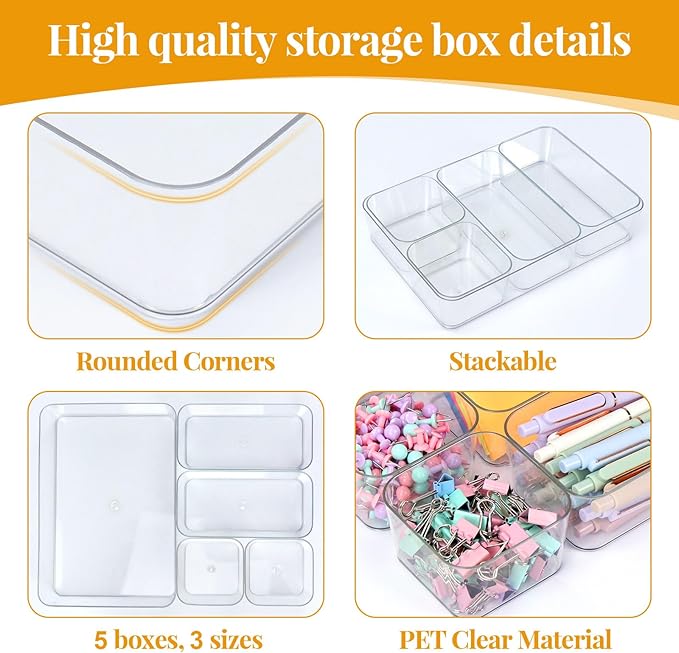 MultiBey 5 PCS Clear Plastic Drawer Organizer Set, 3 Sizes Non-Slip Storage Bins Organizer Trays for Makeup, Jewelry, Pantry & Office