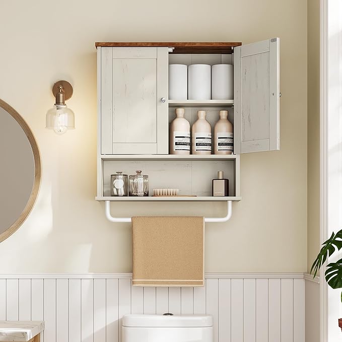 VASAGLE Siren Collection - Hanging Bathroom Cabinet with Towel Rod, Farmhouse Wall Storage Cabinet, with Adjustable Shelf, and Doors, 7.9 x 20 x 23.6 Inches, Rustic White and Honey Brown UBBK149WJ01S
