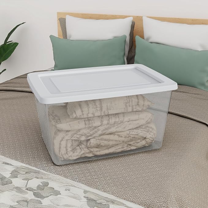 Sterilite 16 Pack Storage Box, 58 Quart Stackable Tote, Clear Plastic Container with Secure Snapping Lids for Home and Office Organization, White