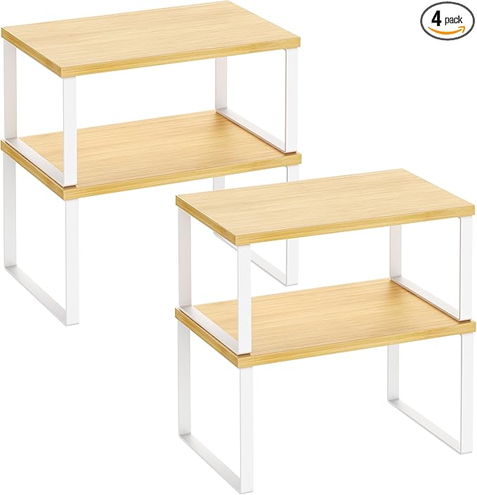 Kitchen Cabinet Organizer Shelf Set of 4, White+Bamboo