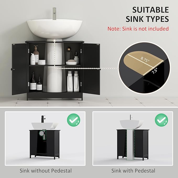 Under Sink Bathroom Cabinet, Pedestal Sink Storage Cabinet with 2 Doors, Black