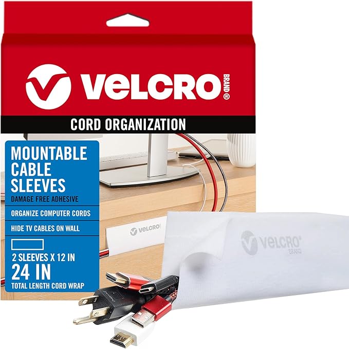 VELCRO Brand Mountable Cable Management Sleeve | Cord Hider Mounts on Walls or Desk | Pefect Wire Organizer for Home or Office | Removable Damage Free Adhesive | 12in White, 2pk, 12in - 2Pk