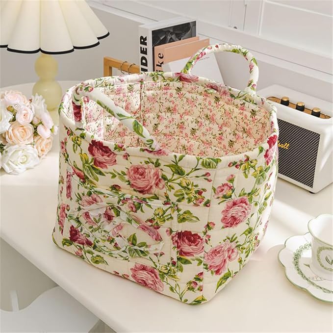 Fabric Baskets for Storage, Quilted Boho Floral Basket with Handles, White