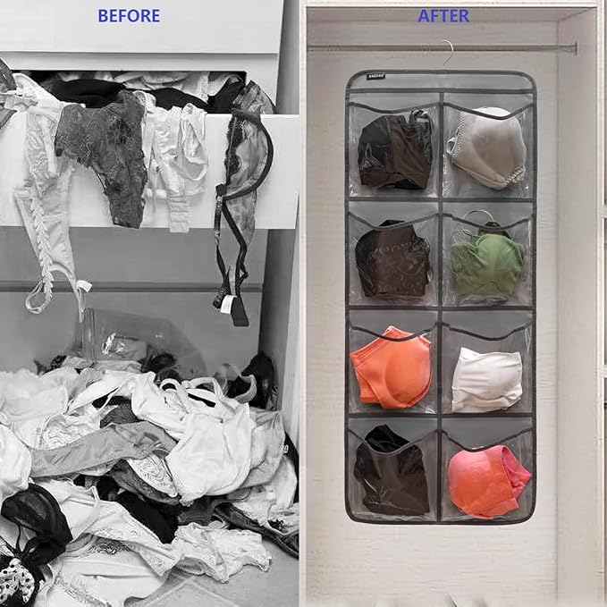 Dual-Sided Hanging Closet Organizer for Socks Underwear Bra Kids Storage Organizer for Baby Clothes Toddler Shoes with 26 Pockets (Grey-Clear Pockets)