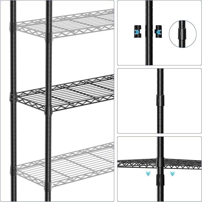IZEUK 5-Tier Heavy Duty Black Steel Storage Shelving Unit, Utility Wire Rack Organizer for Kitchen, Office & Home, 1250 lbs Capacity, 13.8" D x 35.4" W x 68.5" H