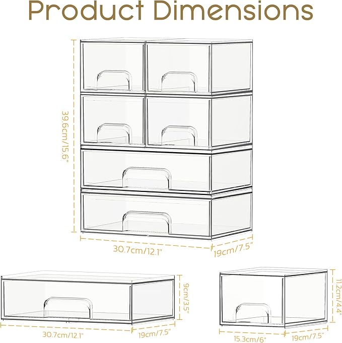 Stackable Storage Drawers, 6 Pack Clear Plastic Makeup & Bathroom Organizer