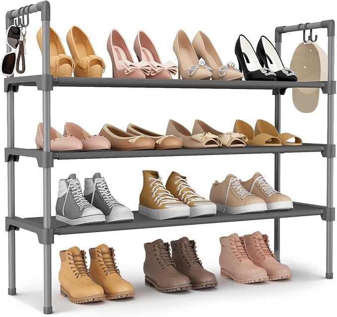 3 Tier Shoe Rack for Closet, Shoe Organizer with 5 Hooks, Grey
