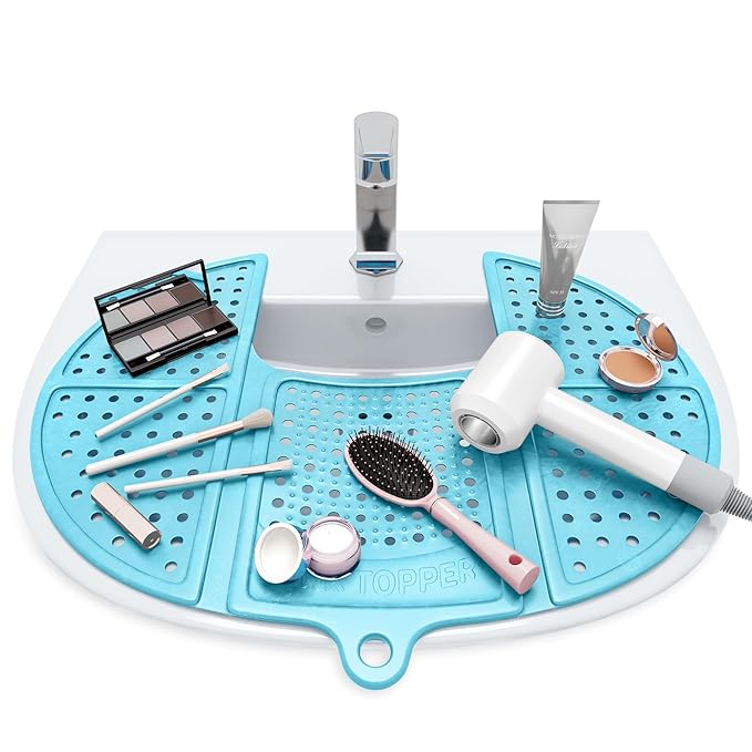Sink Topper Bathroom Counter Cover & Storage Saver, Foldable Mat for Hot Tools, Hair Styling & Makeup, Beauty Brush Cleaning Mat, RV Camper Sink Cover & for Small Spaces (Standard Pacific Blue)