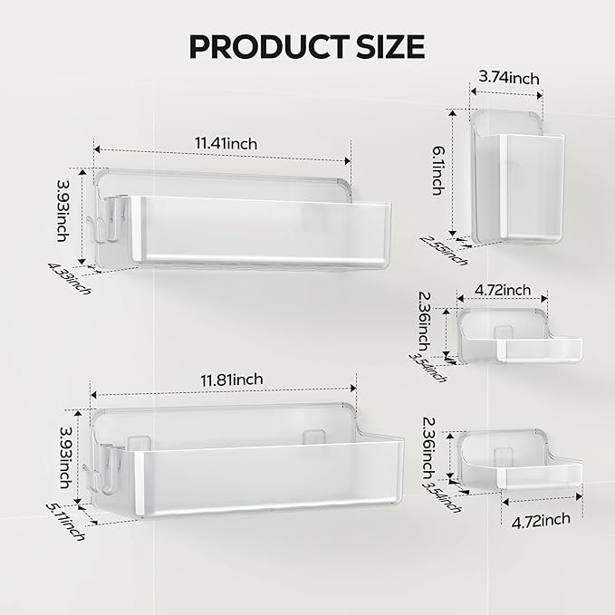 Adhesive Wall Shelf, Shower Shelves 5 Pack with Soap Holder, Clear