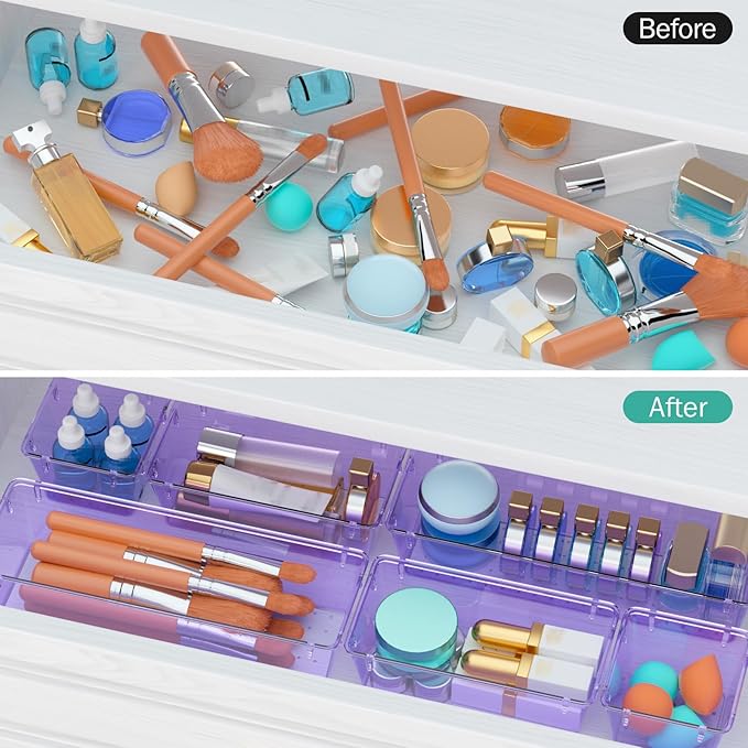 6 Pack Clear Drawer Organizer Set, Acrylic Drawer Storage Trays, Purple