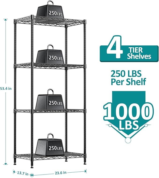 IZEUK | 4-Tier Metal Wire Storage Shelves | 13.7 x 23.6X 53.4 | Black | with Adjustable Racks | Steel Shelf |Holds Up to 1000 lbs |No-Tool Assembly | Ideal for Home & Garage Shelving