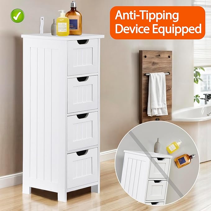 Bathroom Floor Storage Cabinet, Freestanding Wooden Side Organizer w/4 Drawers & Anti-Tip Kit for Bathroom Living Room Hallway Office Study, White | Freestanding