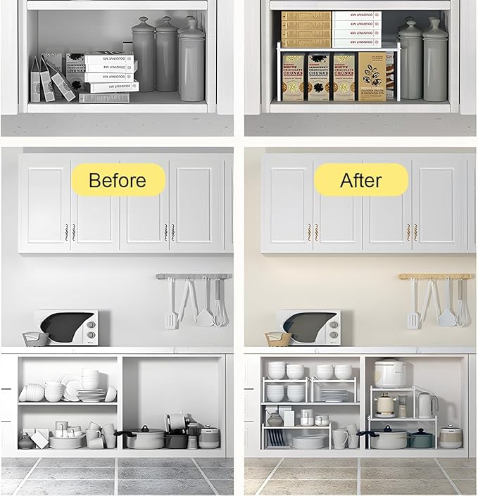 2 Pack Stackable Cabinet Shelf Organizer - Heavy-Duty Coated Metal Storage Rack, Non-Slip Space-Saving for Kitchen Pantry, Under Sink, Cupboard, Countertop (Mesh White)