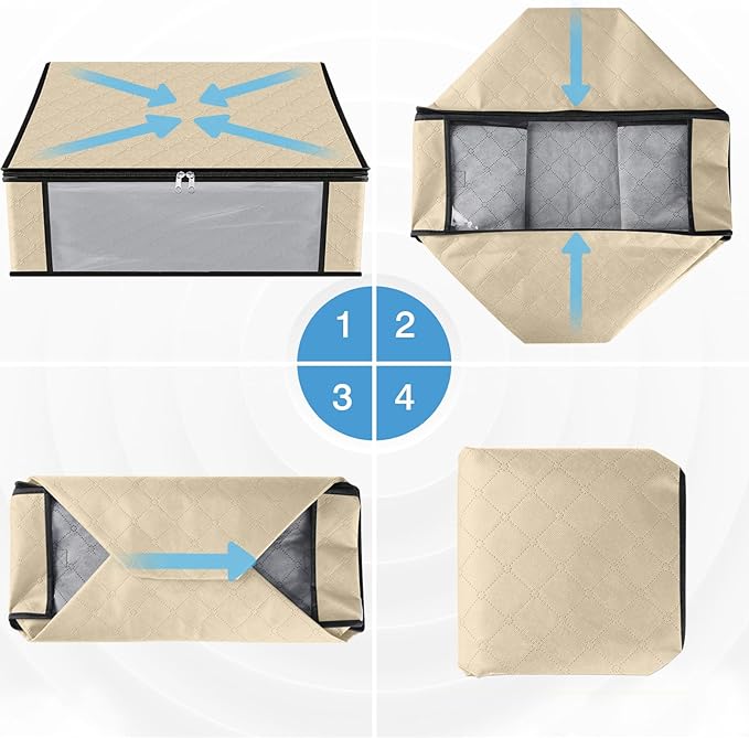 HomeHacks Storage 6-Pack Clothes Organizer Storage Bags Foldable Storage Box with Large Clear Window Sturdy Handles for Closet, Dorm, Pillows, Bedding, Clothes, Blankets, 35L, Beige