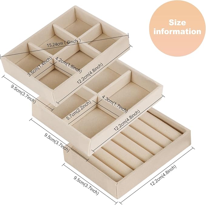 8-Piece 6" Velvet jewelry drawer organizer inserts Removable Dividers, Stackable Drawer Organizer for Rings Earrings Makeup, Vanity Dresser Storage