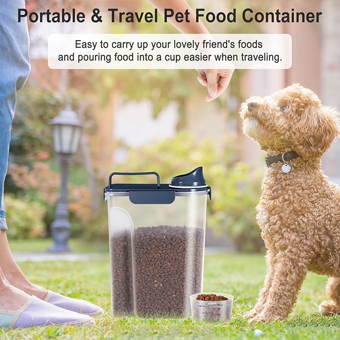 5-7LBS Upgraded Large Nozzle Cat Dog Food Storage Container BPA-free, Airtight Pet Food Storage Bin with 4 Lock Buckles, Sealing Gasket, Cup for Pet Food, Dog Treats, Rice, Flour, Dry- Dark Blue
