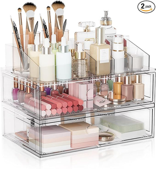 Clear Stackable Makeup Organizer with Drawer, 12''W Acrylic Storage Drawers