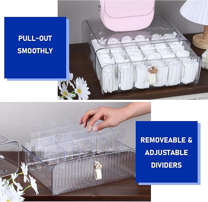 Dimeho 24 Cell Plastic Sock Organizer Underwear Drawer Organizer Acrylic Stackable Storage Drawer Underwear Storage Box with Dividers for Panties Closet Bra Baby Clothes Belts Ties Scarf