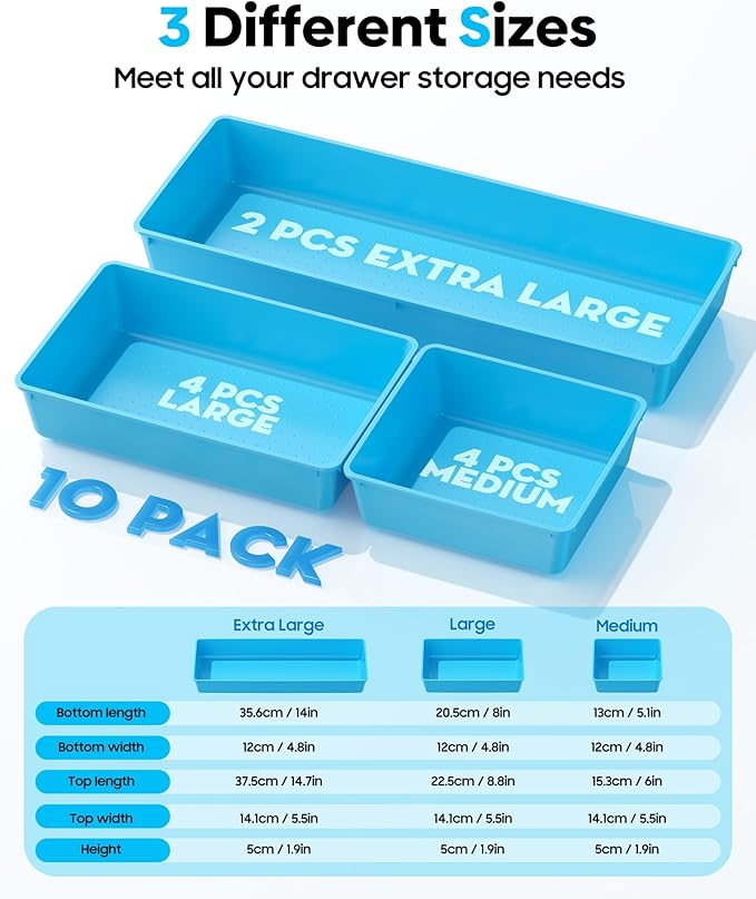 10 Pack Large Size Plastic Drawer Organizers Set, Blue
