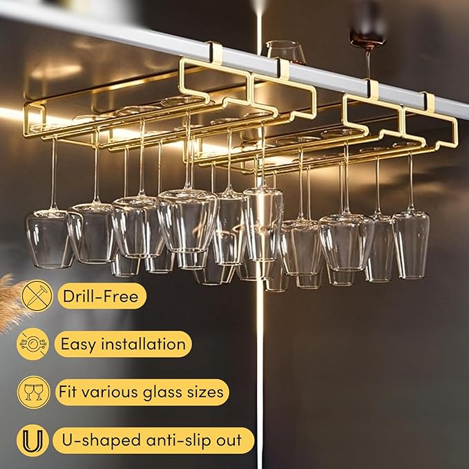 LINFIDITE Gold Under Cabinet Wine Glass Holder, 2 Pack, Space Saving, Easy Installation, Anti-Skid, Compact Design, Sturdy Materials, Affordable Gift