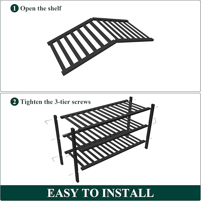 Smiry Bamboo Shoe Rack for Closet, 3 Tier Wooden Shoe Organizer, Stackable Wood Shoe Storage Shelf for Entryway, 14 Vertical Slats, One-piece Heavy-Duty Legs, 26.77"x11.02"x18.31", Black
