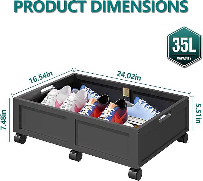 WISUCART Wood Under Bed Storage Containers Underbed Organizer with Wheels Sturdy Wood Rolling Under Bed Shoe Storage Organizer 2 Packs (Black, Small)