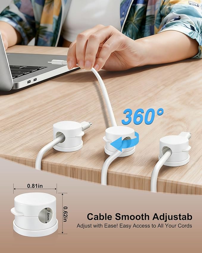OneLeaf 8 Pack Magnetic Cable Clips, Rotatable Cable Management Clips for Desk & Wall, Strong Adhesive Cord Organizer for Phone Chargers, Ethernet & Cable Wires, Home Office Car, White