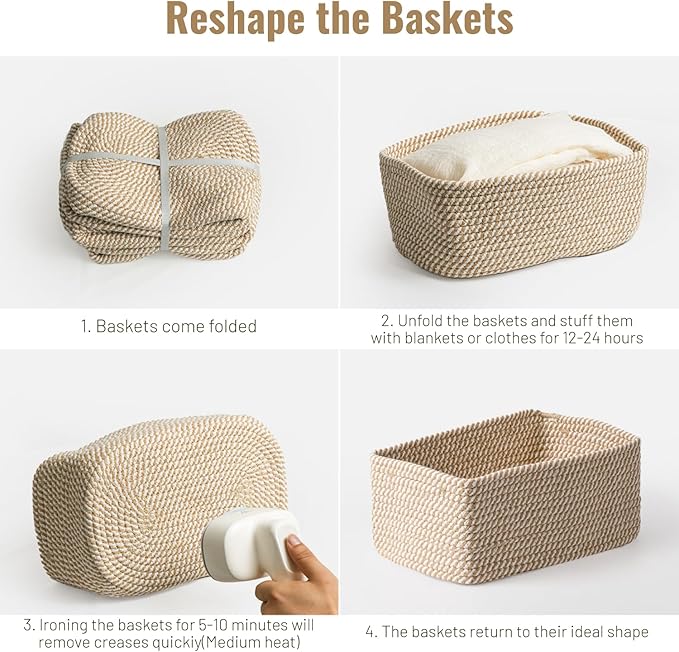 5 Pack Decorative Small Storage Baskets for Shelves, Cotton Rope Woven Basket for Organizing Bathroom, Nursery, Closet, Cabinet, Toys & Socks, Gift Baskets Empty, 11.8"x7.9"x4.7", Khaki