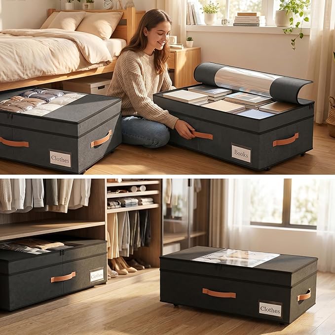 TOSKING 2-Pack Under Bed Storage Drawers with Wheels, 6 Vacuum Bags, Adjustable Height 7.9-10.2", Large 90L/80 lbs Clear Lid, 900D Oxford, Space Saver for Dorm Bedroom, Blankets, Clothes, Shoes, Black