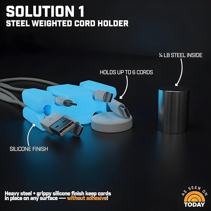 CordBrick 2PK Glowing Silicone + Steel Weighted Cable Holders for Nighstands, Cord Wraps for Travel, Unique iPhone Accessories. Small Graduation Gift for High Schoolers. Gadget for Teens. Yellow Glow