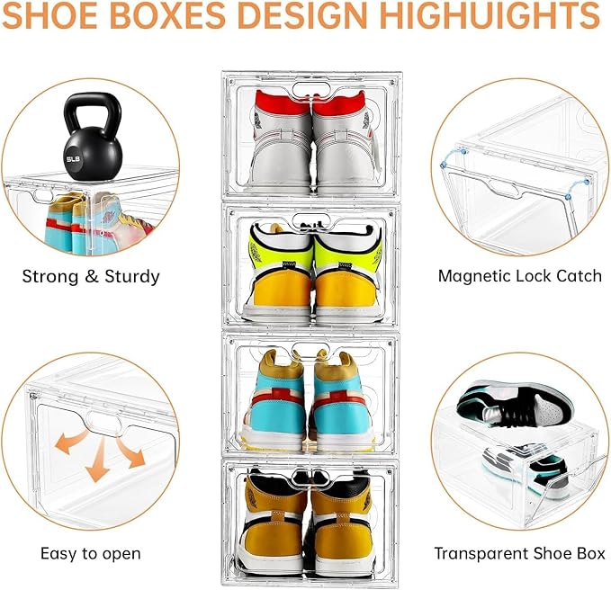 INSTY 12 Pack Large Shoe Storage Box, Clear Shoe Storage Organizer with Magnetic Door, Stackable,Shoe Containers For Display Sneakers, Easy Assembly, Fit up to US Size 12, Clear