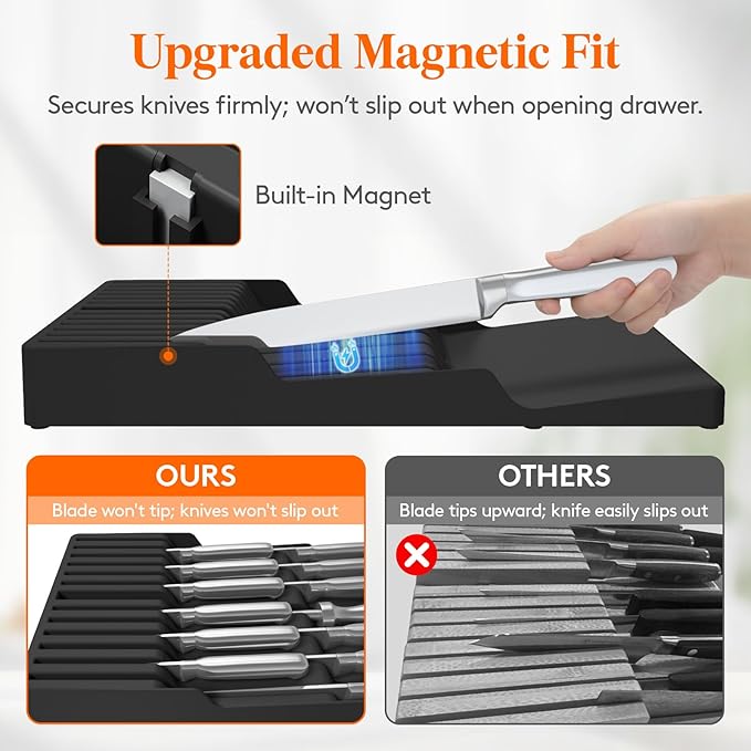 Lifewit Magnetic Drawer Knife Organizers Insert, Kitchen Plastic In Drawer Knife Block Slots, Steak Chefs Knives Holder Storage Sets for 12 Knives and 1 Sharpening Steel, Large, Black