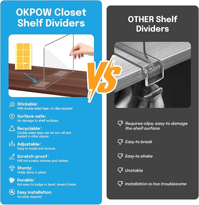 OKPOW Shelf Dividers Closet Organizer - 12" Tall X 9" Deep Acrylic Clear Sturdy Separate for Clothes Purse - Adjustable Space Saver Easy Install for Home Organization Enthusiasts 4 Pack