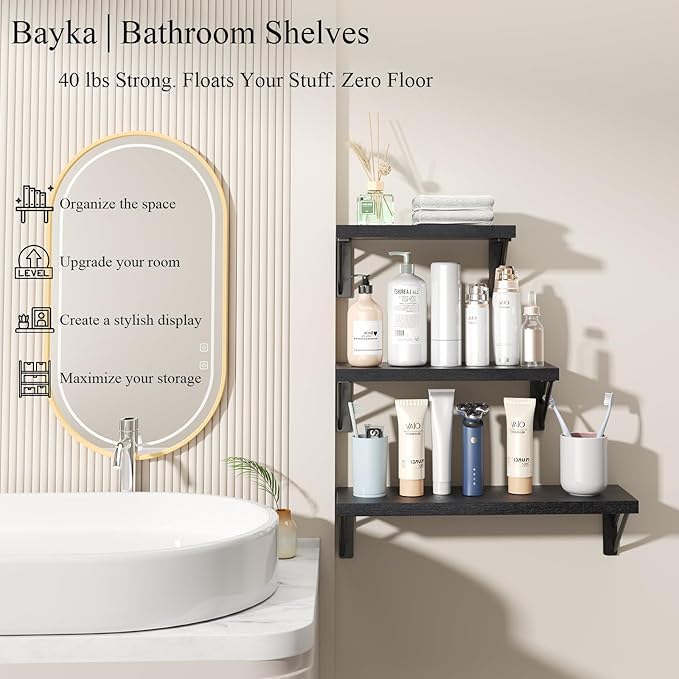 BAYKA Wall Mounted Floating Bathroom Shelves, Wood Wall Shelf for Bathroom Essentials & Decor, Space-Saving Display & Organizer (Black, Set of 4)
