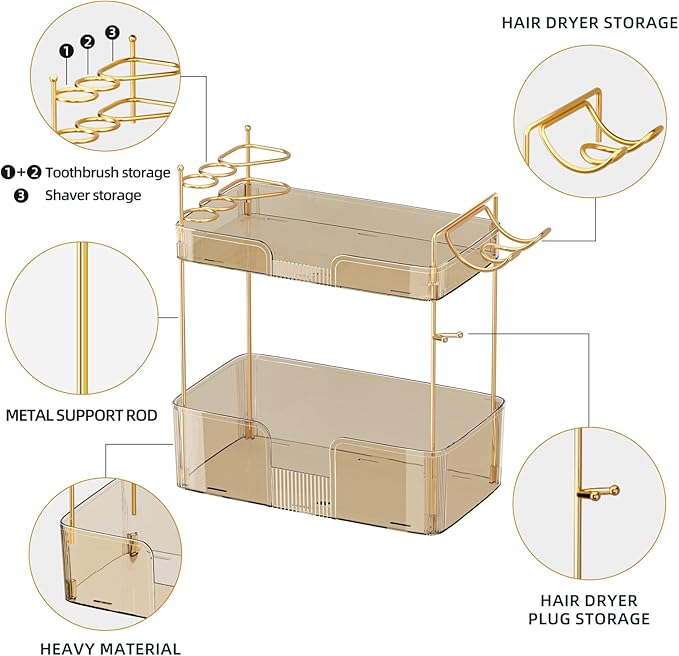 Shuang Qing 2 Tier Gold Bathroom Counter Organizer with Hair Dryer Holder, Skincare & Makeup Organizer, Cosmetics Shelf for Vanity Tray