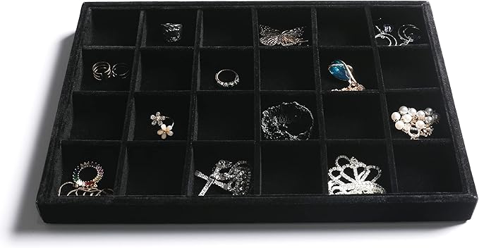 Frebeauty Stackable Velvet Jewelry Organizer Trays for Drawers Inserts Jewelry Storage Tray Display Case, Stud Earrings Bracelets Necklace Rings Accessories Trays for Women (Set of 2 Black)