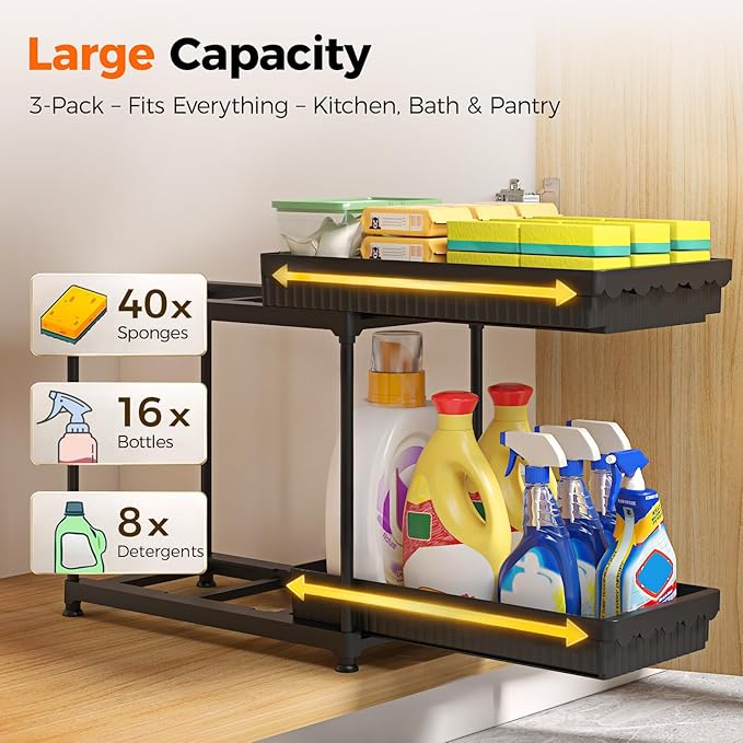 Sevenblue 3 Pack Under Sink Organizer, 2 Tier Slide Out Bathroom Cabinet Organizer, Multi-Purpose Storage Shelf for Kitchen, Black, 12.8Inch