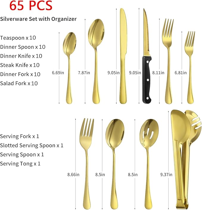 65PCS Gold Silverware Set for 10 with Flatware Drawer Organizer, Stainless Steel Cutlery Set with Steak Knives, Include Spoons and Forks Set & Serving Utensils, Mirror Polished, Dishwasher Safe