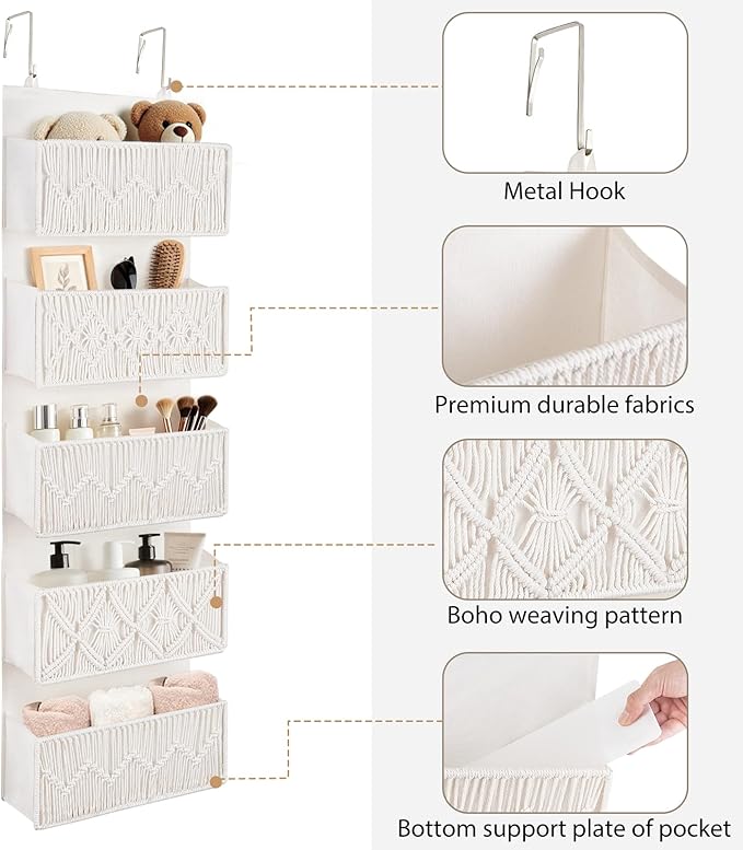 Dahey Over The Door Organizer Macrame Boho Nursery Storage Decor with 5 Large Woven Pockets Closet Behind Hanging Organizer for Bedroom Nursery Bathroom Apartments Dorm Pantry Decoration,White