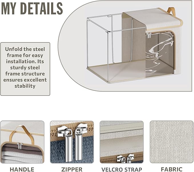 4 Pack Clothes Storage Bins with Metal Frame - 66L Stackable Storage Box with Lid，Foldable Storage Container Organizer for Clothes，Linen Fabric Storage Box with Clear Window＆Zippers＆Handles